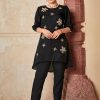 Black Self Weave Embroidered Lined Top With Solid Silk Pants