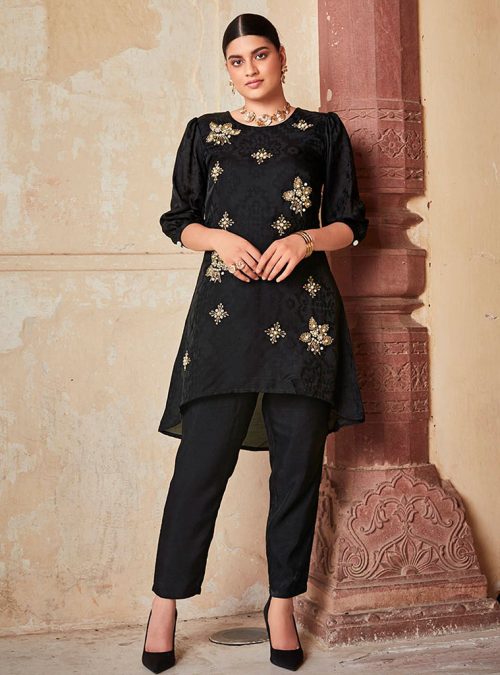 Black Self Weave Embroidered Lined Top With Solid Silk Pants