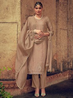 Beige Straight Zardozi Embroidered Kurta With Pants And Chinon Embroidered Dupatta