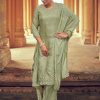 Sage Green Straight Zardozi Embroidered Kurta With Pants And Chinon Embroidered Dupatta