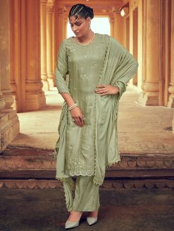 Sage Green Straight Zardozi Embroidered Kurta With Pants And Chinon Embroidered Dupatta