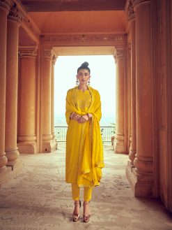 Mustard Straight Zardozi Work Kurta With Pants & Embroidered Dupatta