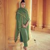 Olive Green Straight Zardozi Work Kurta With Pants & Dupatta