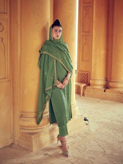 Olive Green Straight Zardozi Work Kurta With Pants & Dupatta