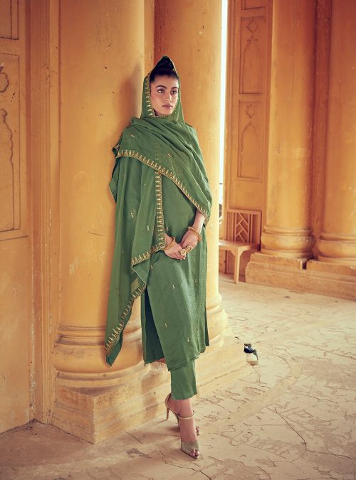 Olive Green Straight Zardozi Work Kurta With Pants & Dupatta