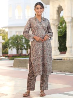 Beige Printed Embroidered Velvet Straight Kurta With Pants