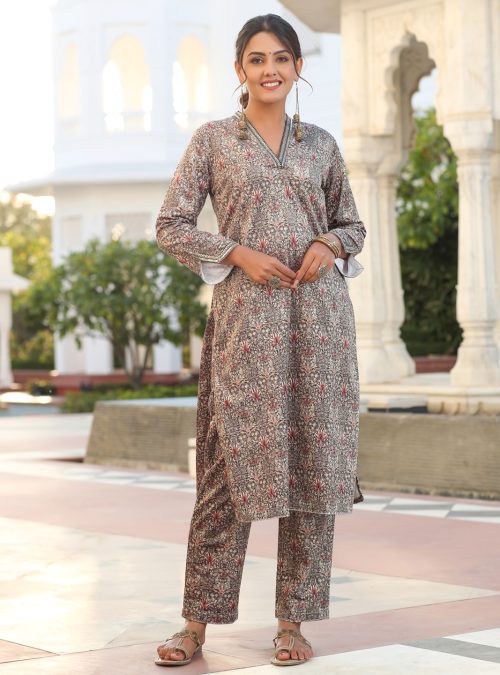 Beige Printed Embroidered Velvet Straight Kurta With Pants