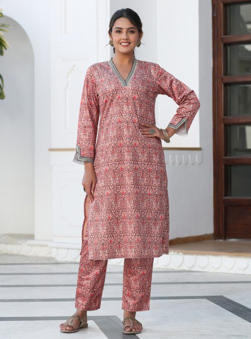 Peach Printed Embroidered Velvet Straight Kurta With Printed Pants