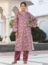 Wine Velvet Printed Embroidered Kurta With Solid Velvet Pants