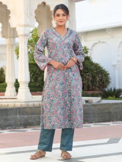 Bottle Green Velvet Printed Embroidered Kurta With Solid Velvet Pants