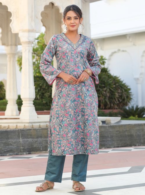 Bottle Green Velvet Printed Embroidered Kurta With Solid Velvet Pants