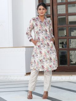 Off-White Printed Embroidered Velvet Kurta With Solid Velvet Pants