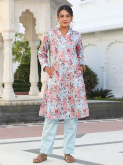 Blue Printed Embroidered Velvet Kurta With Solid Velvet Pants