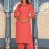 Peach Silk Blend Straight Embroidered Kurta With Palazzos