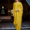Mustard Straight Solid Embroidered Silk Kurta With Palazzo And Organza Dupatta