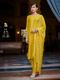 Mustard Straight Solid Embroidered Silk Kurta With Palazzo And Organza Dupatta