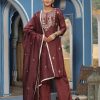 Maroon Straight Embroidered Kurta With Palazzo & Dupatta