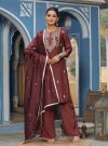 Maroon Straight Embroidered Kurta With Palazzo & Dupatta