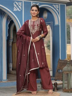 Maroon Straight Embroidered Kurta With Palazzo & Dupatta