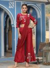 Maroon Embroidered Crop Top & Palazzo With Attached Dupatta