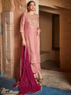 Peach Straight Zardozi Embroidered Kurta With Palazzo And Chinon Embroidered Dupatta