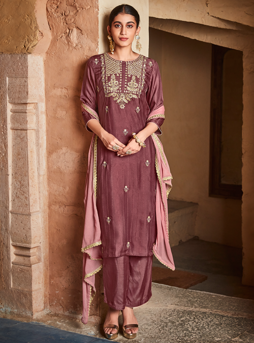 Wine Straight Zardozi Embroidered Kurta With Palazzo And Chinon Embroidered Dupatta