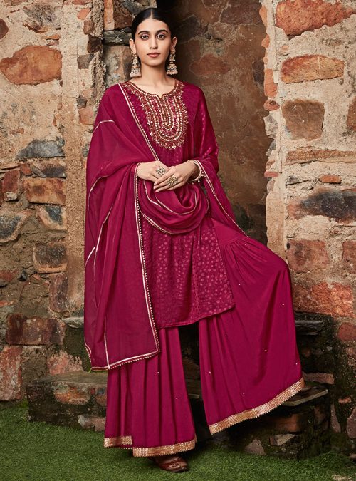 Maroon Straight Embroidered Silk Kurta With Sharara And Organza Dupatta