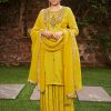 Yellow Straight Zardozi Work Kurta With Sharara And Organza Dupatta