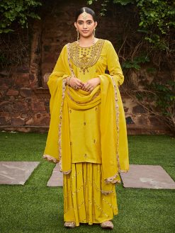 Yellow Straight Zardozi Work Kurta With Sharara And Organza Dupatta