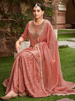 Peach Straight Zardozi Work Kurta With Sharara And Organza Dupatta