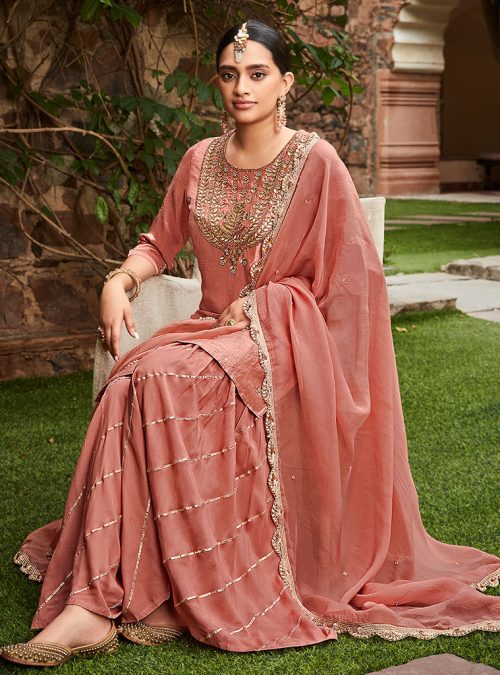 Peach Straight Zardozi Work Kurta With Sharara And Organza Dupatta