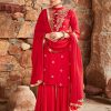 Red Solid Zardozi Embroidered Solid Kurta With Sharara & Dupatta