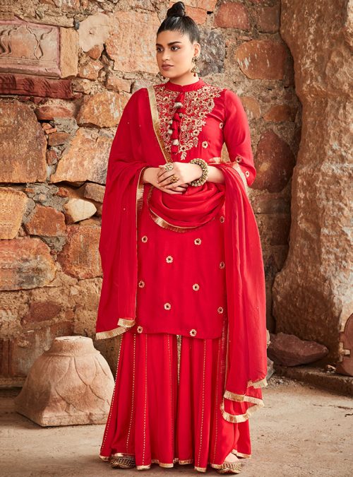 Red Solid Zardozi Embroidered Solid Kurta With Sharara & Dupatta