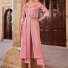 Pink Jacquard Hand Embroidered Anarkali Flared Kurta With Solid Palazzo