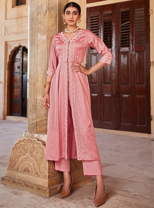 Pink Jacquard Hand Embroidered Anarkali Flared Kurta With Solid Palazzo