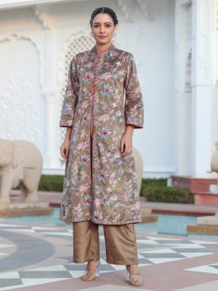 Beige Printed Embroidered Velvet Straight Kurta With Solid Velvet Palazzo