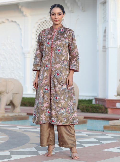 Beige Printed Embroidered Velvet Straight Kurta With Solid Velvet Palazzo