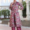 Magenta Printed Embroidered Velvet Straight Kurta With Solid Velvet Palazzo