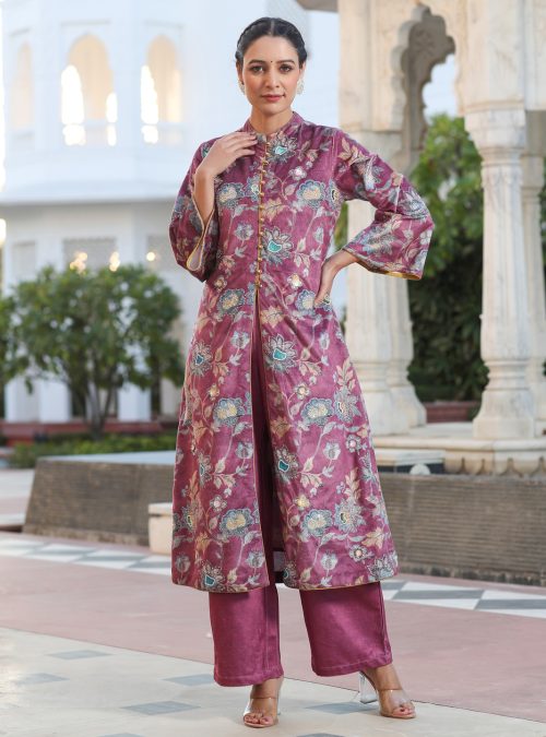 Magenta Printed Embroidered Velvet Straight Kurta With Solid Velvet Palazzo