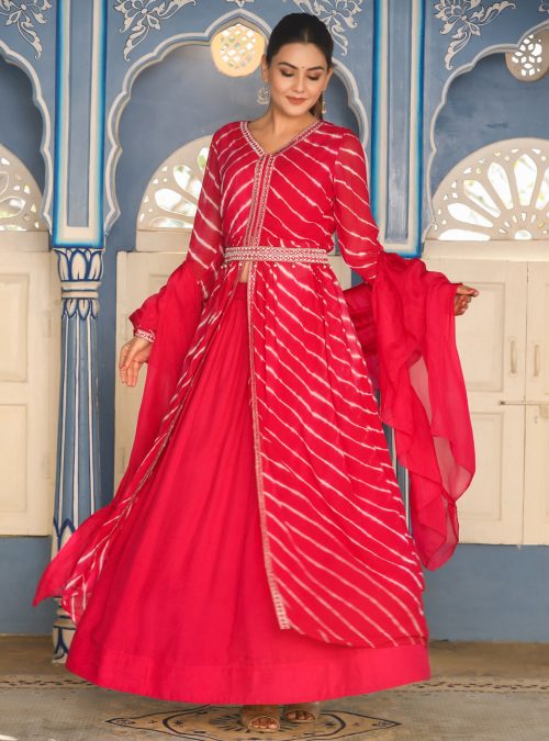 Fuchsia Leheriya Embroidered Flared Jacket With Belt And Solid Skirt With Frilled Dupatta