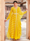 Yellow Leheriya Embroidered Flared Jacket With Belt And Solid Skirt With Frilled Dupatta