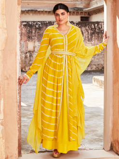 Yellow Leheriya Embroidered Flared Jacket With Belt And Solid Skirt With Frilled Dupatta