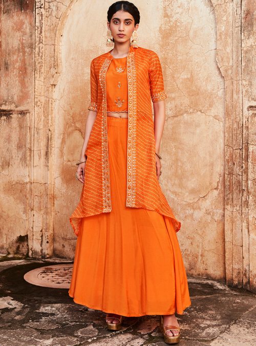 Women Orange Gotta Patti With Crop Top And Skirt With Bandhej Shrug