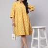 Plus Size Yellow Ethnic Printed Flared Dress