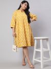 Plus Size Yellow Ethnic Printed Flared Dress