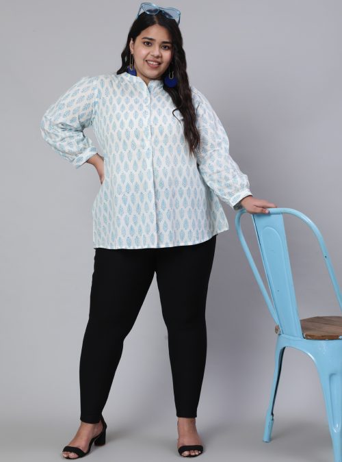 White & Turquoise Blue Plus Size Printed Pleated Top