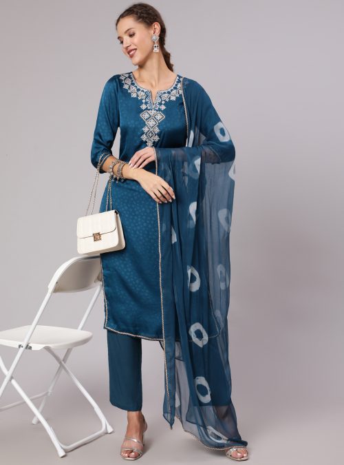 Women Teal Art Silk Jacquard Embroidered Straight Kurta With Blue Pants & Dupatta
