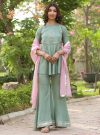 Olive Green Peplum Short Kurta With Sharara And Organza Dupatta