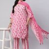 Plus Size Fuchsia Ethnic Floral Printed Embroidered Kurta With Pants And Dupatta
