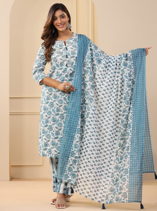 Blue Ethnic Floral Printed Kurta With Pants And Dupatta